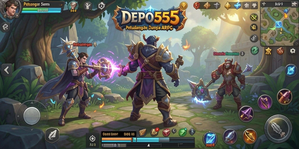 Screenshot DEPO555 menampilkan pertempuran epik dengan karakter yang menggunakan keterampilan khusus.