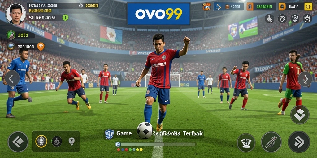 Tampilan gameplay OVO99 yang dinamis dalam pertandingan sepak bola.